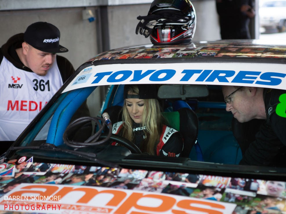 Michelle getting seated in the car at Donington