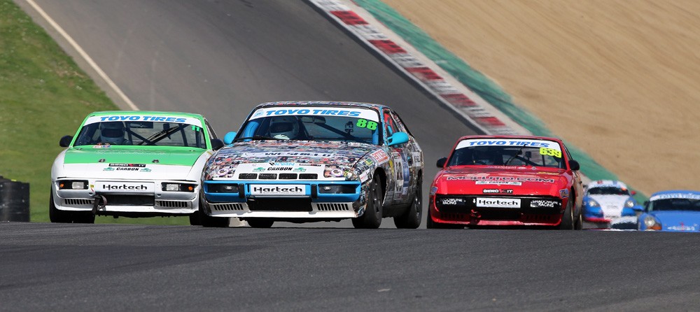 Three 924s - with me in the lead - approaching Druids at Brands Hatch, March 2019.